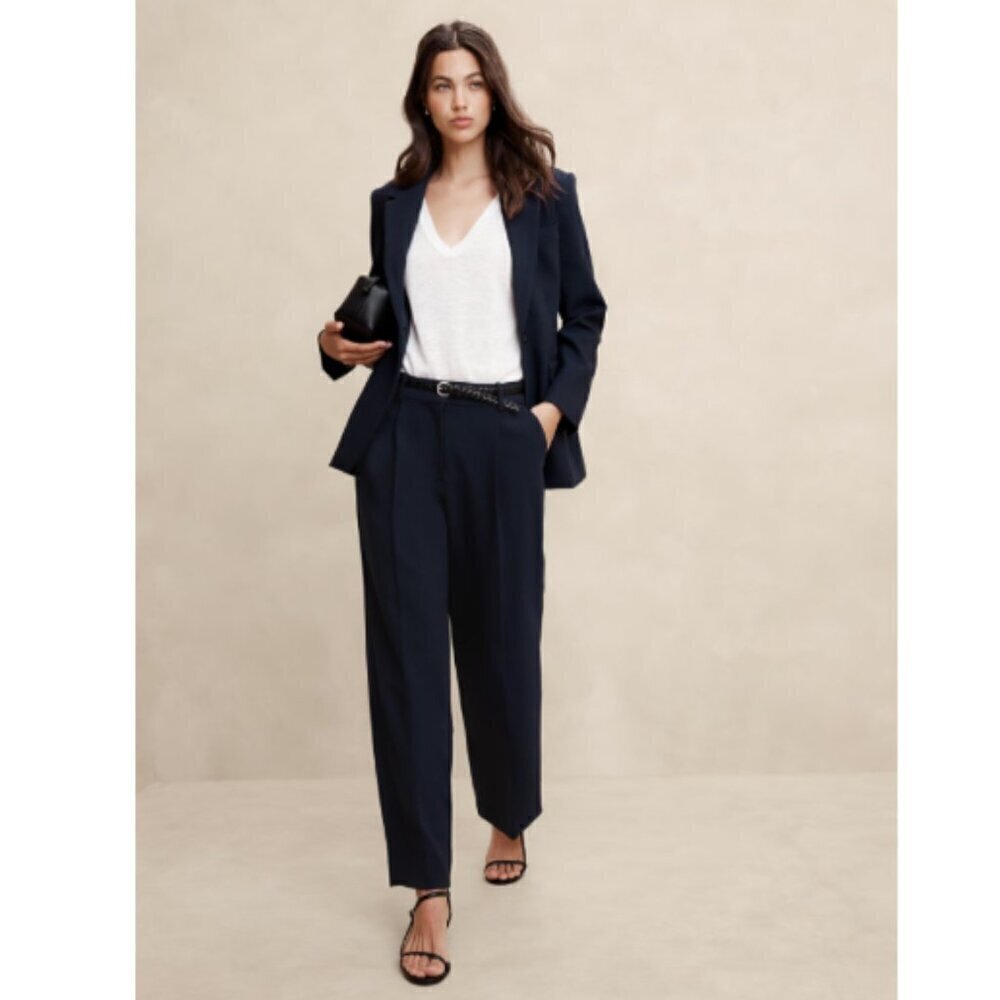 Banana Republic Double Weave Pleated Relaxed Straight Pants Navy Blue sz 12 $120